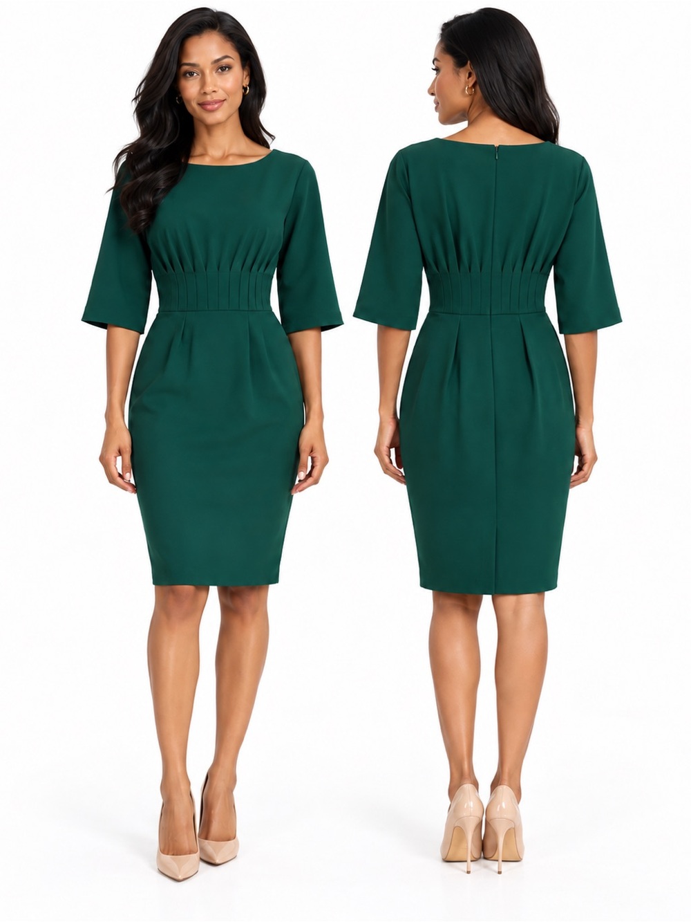 Antonio Melani Size 2 Emerald Green Pleated Waist Sheath Dress 3/4 Sleeve